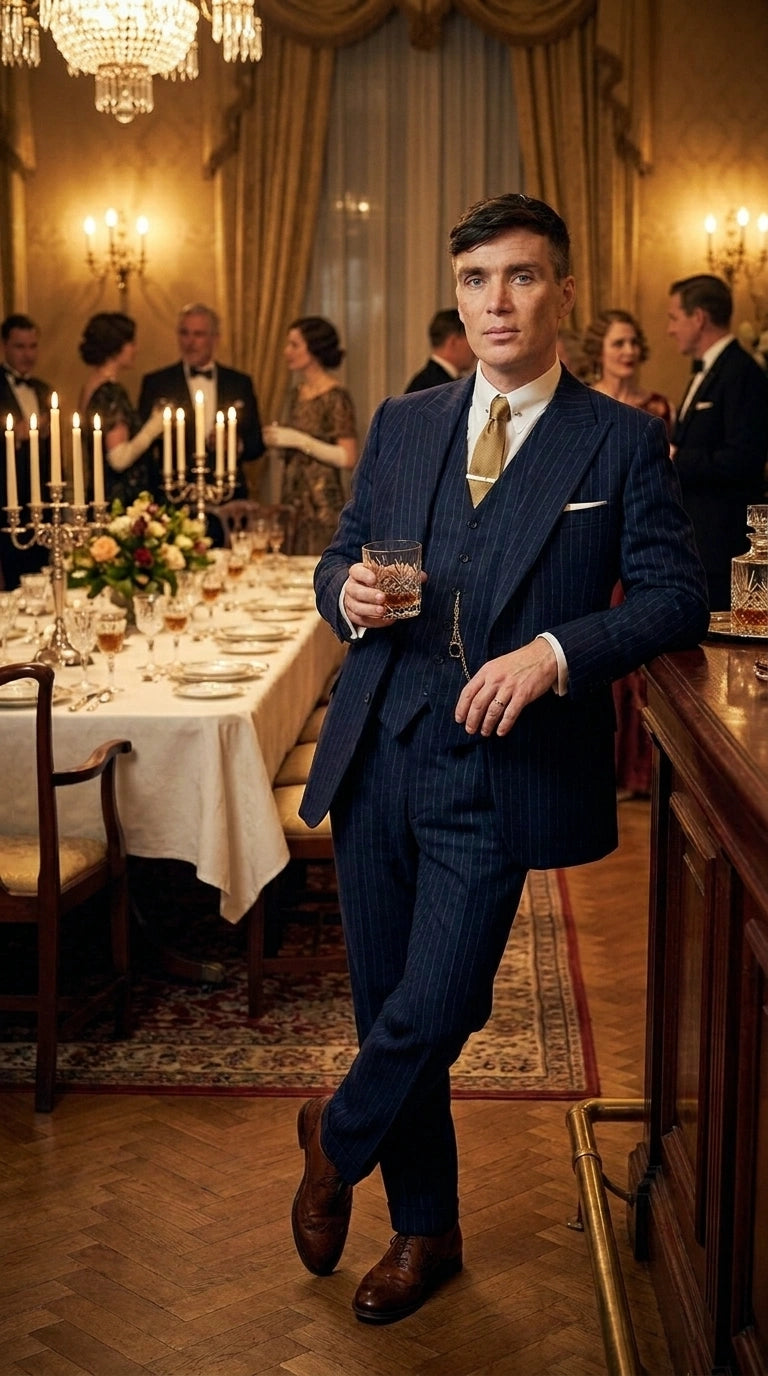 Men’s Navy Blue Pinstripe 3 Piece Suit, Thomas Shelby Inspired Vintage Formal Suit for Weddings, Parties, Prom, and Special Events Modern Fit