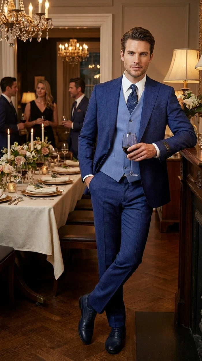 Vitali Men’s Navy Blue 3 Piece Suit with Light Blue Vest, Textured Formal Dress Suit for Weddings, Prom, Business Events, and Parties Modern Fit