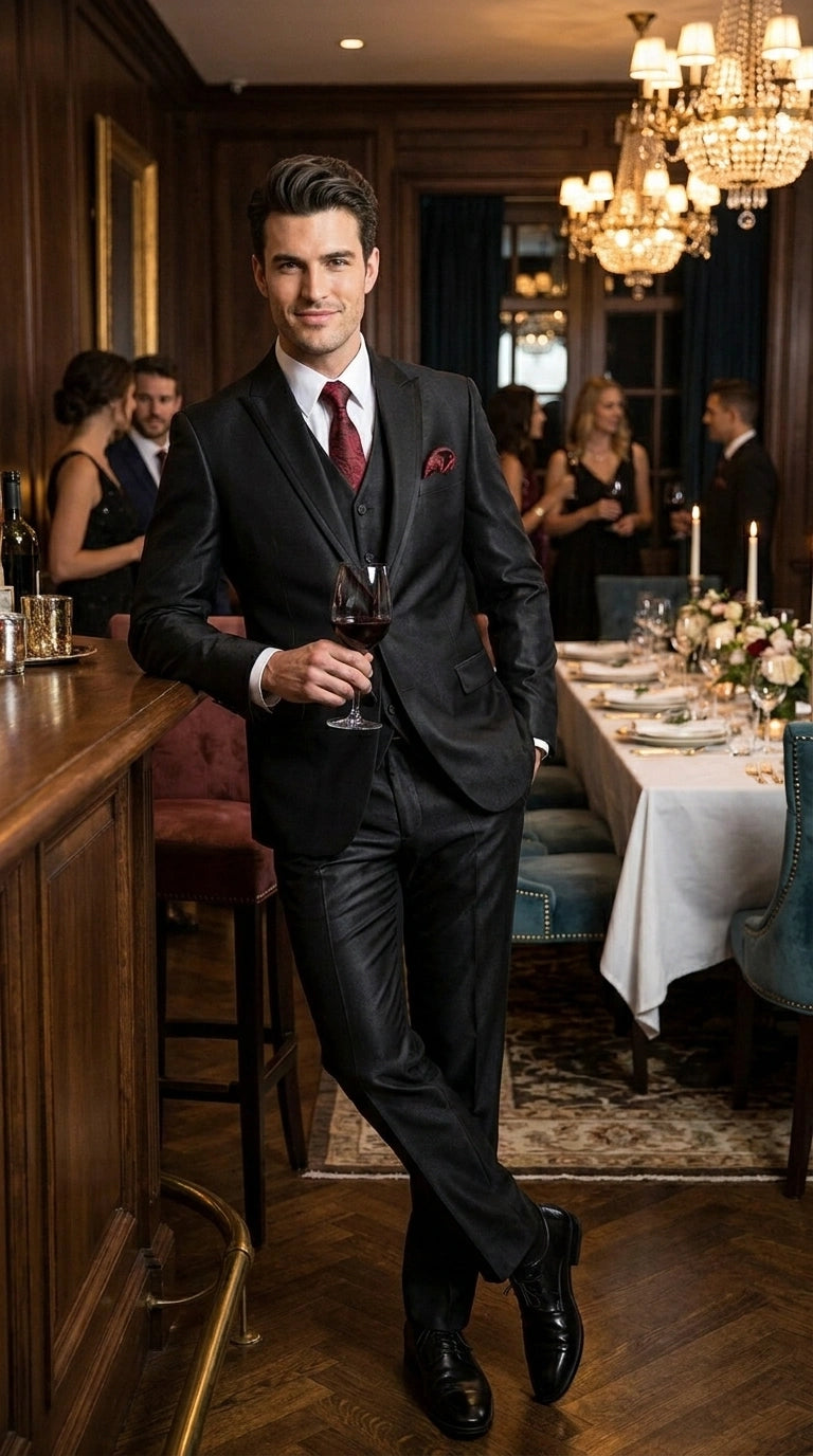 Men’s Black Shiny 3 Piece Tuxedo Groom Suit, Formal Vest Suit for Weddings, Prom, Black Tie Events, Black Lapel