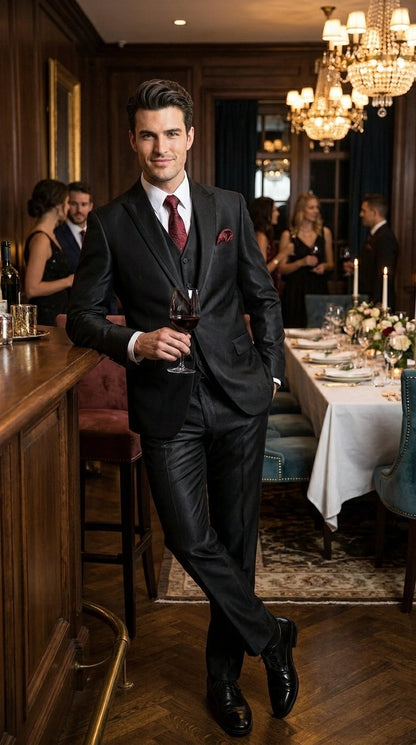 Men’s Black Shiny 3 Piece Tuxedo Groom Suit, Formal Vest Suit for Weddings, Prom, Black Tie Events, Black Lapel