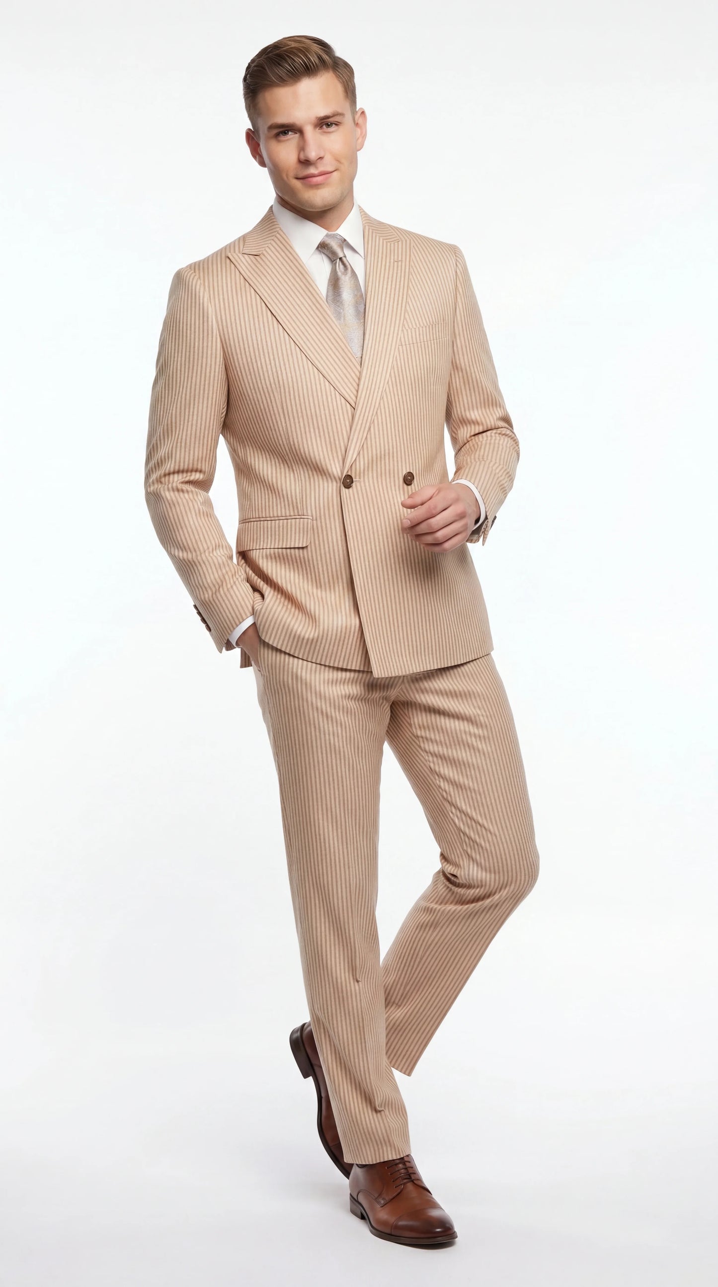 Vitali Men’s Tone on Tone Beige Pinstripe 2 Piece Suit, Double Breasted Summer Dress Suit for Weddings, Tan Beige Shadow Pinstripe Modern Fit