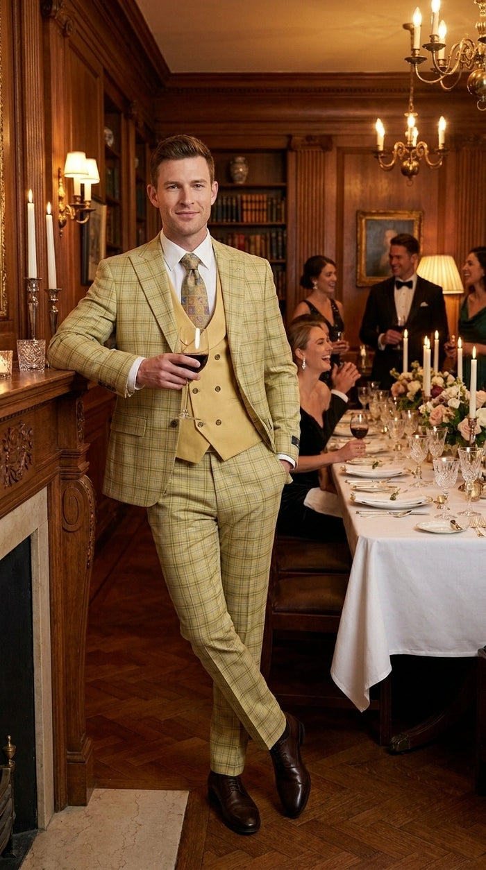 Vitali Men’s Sage Beige Tan Plaid 3 Piece Suit, Check Pattern Formal Dress Suit for Weddings, Prom, Business Events,Light Yellow Color Modern Fit