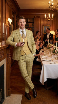 Vitali Men’s Sage Beige Tan Plaid 3 Piece Suit, Check Pattern Formal Dress Suit for Weddings, Prom, Business Events, Modern Fit Light Yellow Color