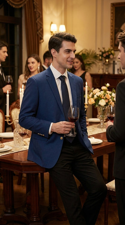 Men’s Sapphire Indigo Cobalt Blue Blazer with Gold Buttons – Classic Single Breasted Formal Business Jacket for Office, Wedding