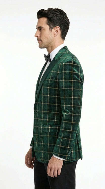 Men’s Green and Gold Plaid Christmas Holiday Blazer – Classic Check Party Jacket for New Year, Wedding and Festive New Year event
