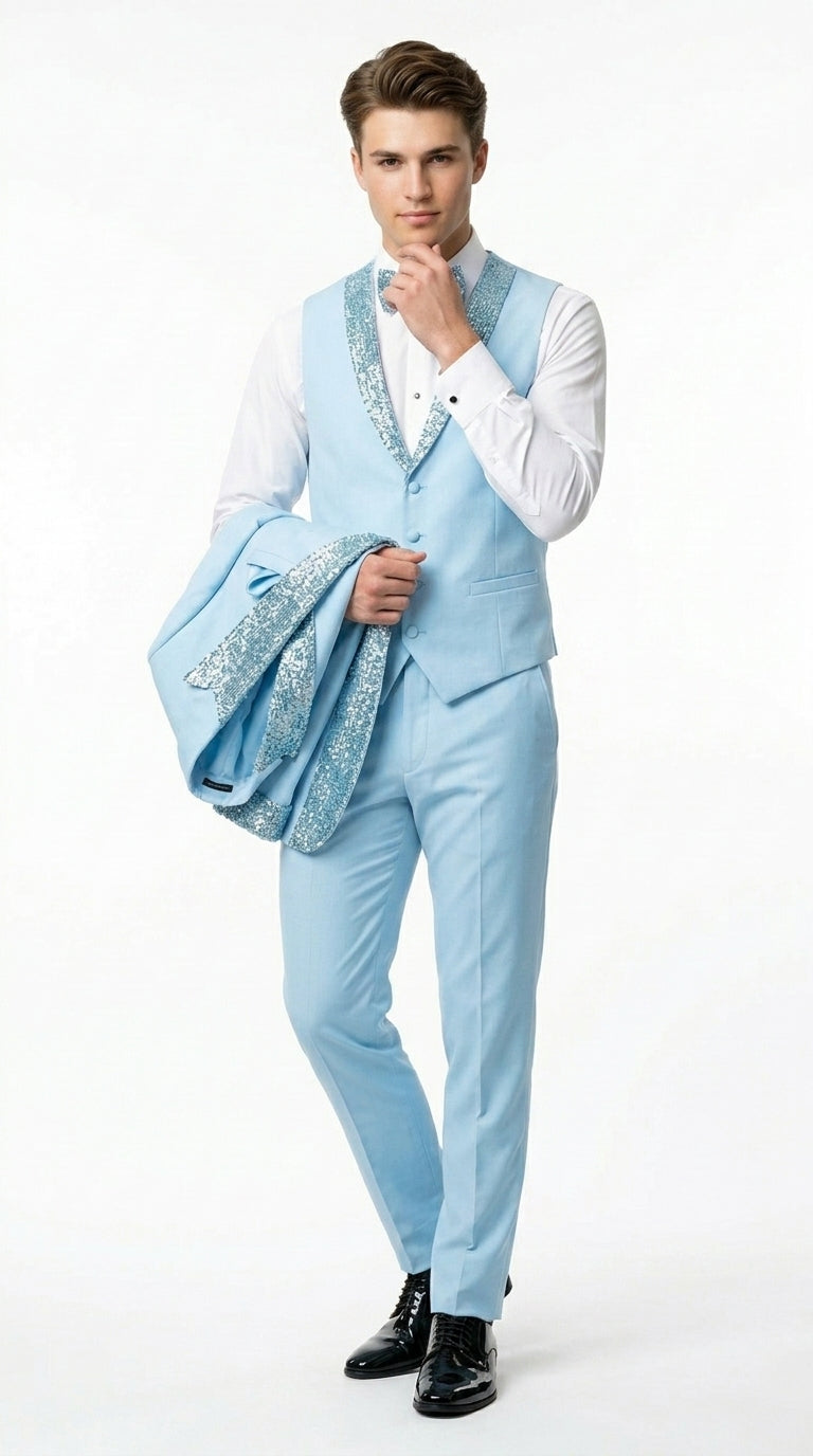 Sky Blue Prom Tuxedo - Perfect Wedding Suit Vested Rhinestone sequin Lapelled