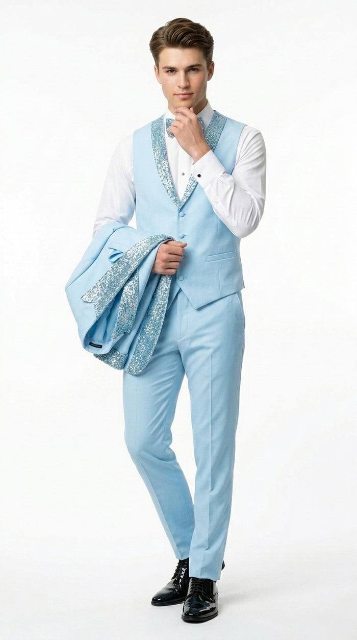 Sky Blue Prom Tuxedo - Perfect Wedding Suit Vested Rhinestone sequin Lapelled