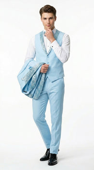 Sky Blue Prom Tuxedo - Perfect Wedding Suit Vested Rhinestone sequin Lapelled