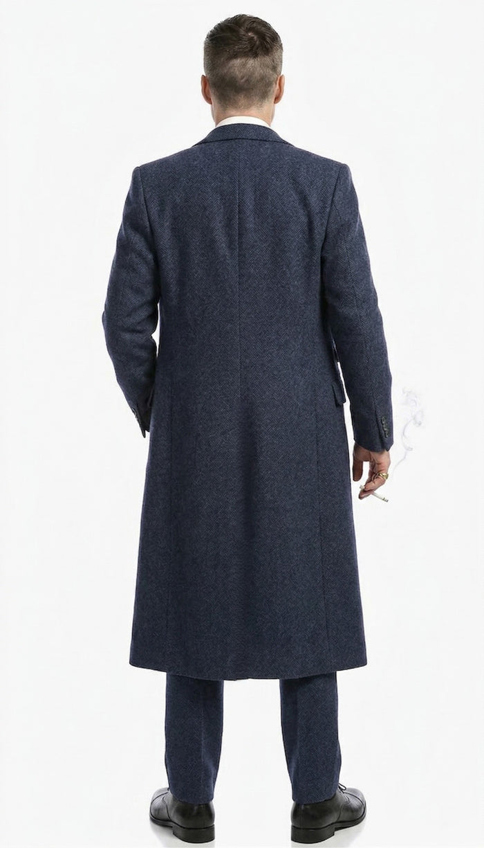 Men’s Navy Blue Herringbone Tweed  1920s 3 Piece Suit with Overcoat – Vintage Peaky Blinder Style Formal Suit Set with Blazer, Waistcoat + Overcoat + Hat
