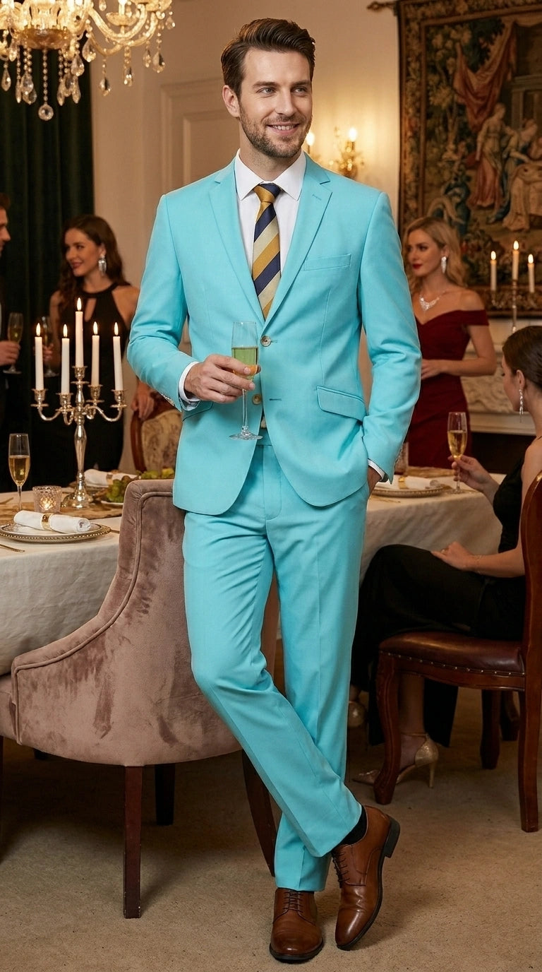 52 Men's Aqua Blue 2 Piece 2 Button Suit, Formal Dress Suit for Weddings, Prom, Parties, Summer Events, Turquoise Light blue Modern Fit