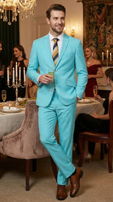 Men’s Aqua Blue 2 Piece 2 Button Suit, Formal Dress Suit for Weddings, Prom, Parties, Summer Events, Turquoise Light blue Modern Fit