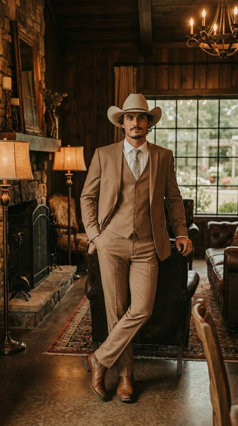 Mens Camel Brown Copper Western 3 Piece Suit – Classic Country Style Blazer Vest Pants Set, Formal Cowboy Suit Outfit