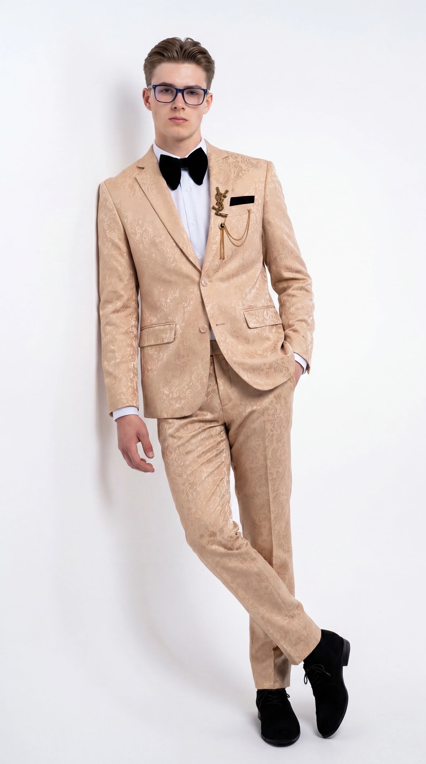 Men’s Champagne Gold Paisley Prom Tuxedo, Formal Dinner Suit for Prom, Weddings, Parties in Tan Color