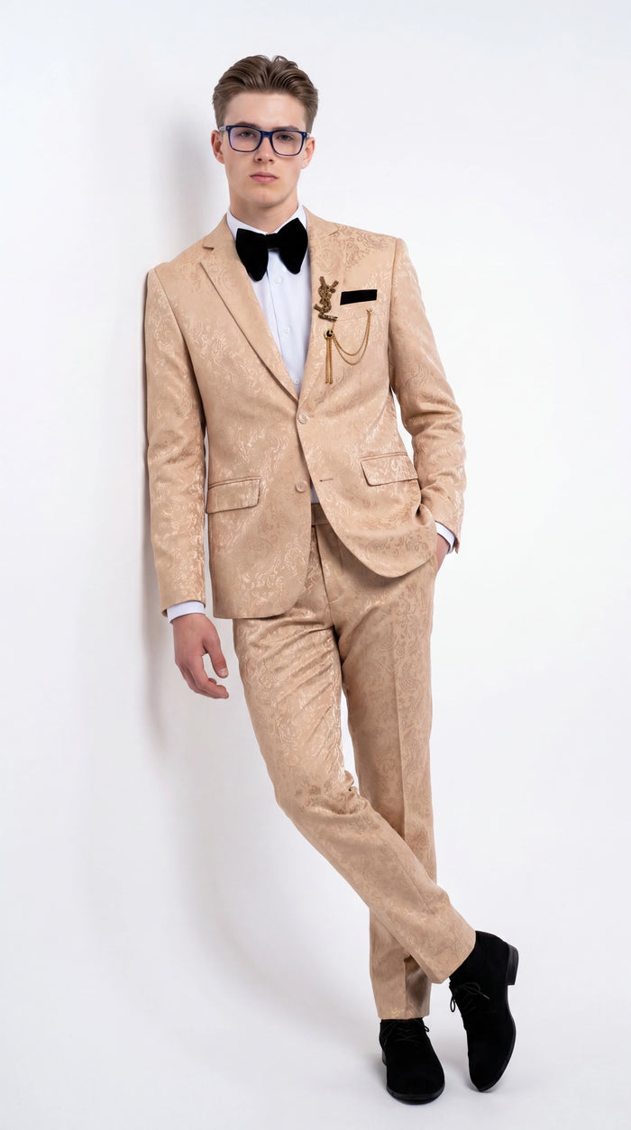Men’s Champagne Gold Paisley Prom Tuxedo, Formal Dinner Suit for Prom, Weddings, Parties in Tan Color
