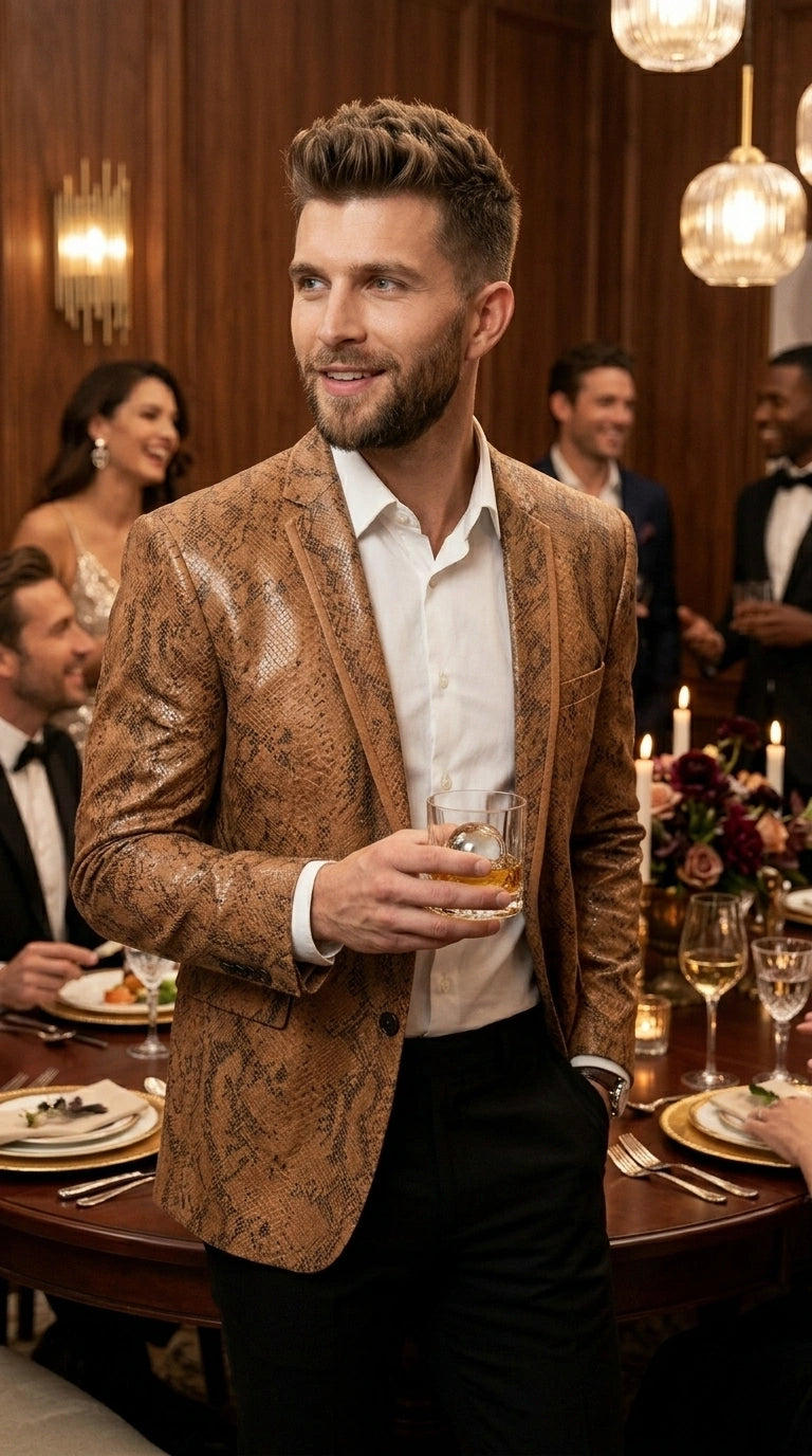 Men’s Tan Snakeskin Print Blazer, Brown Sport Coat Camel Alligator Crocodile Animal Print leopard Jacket