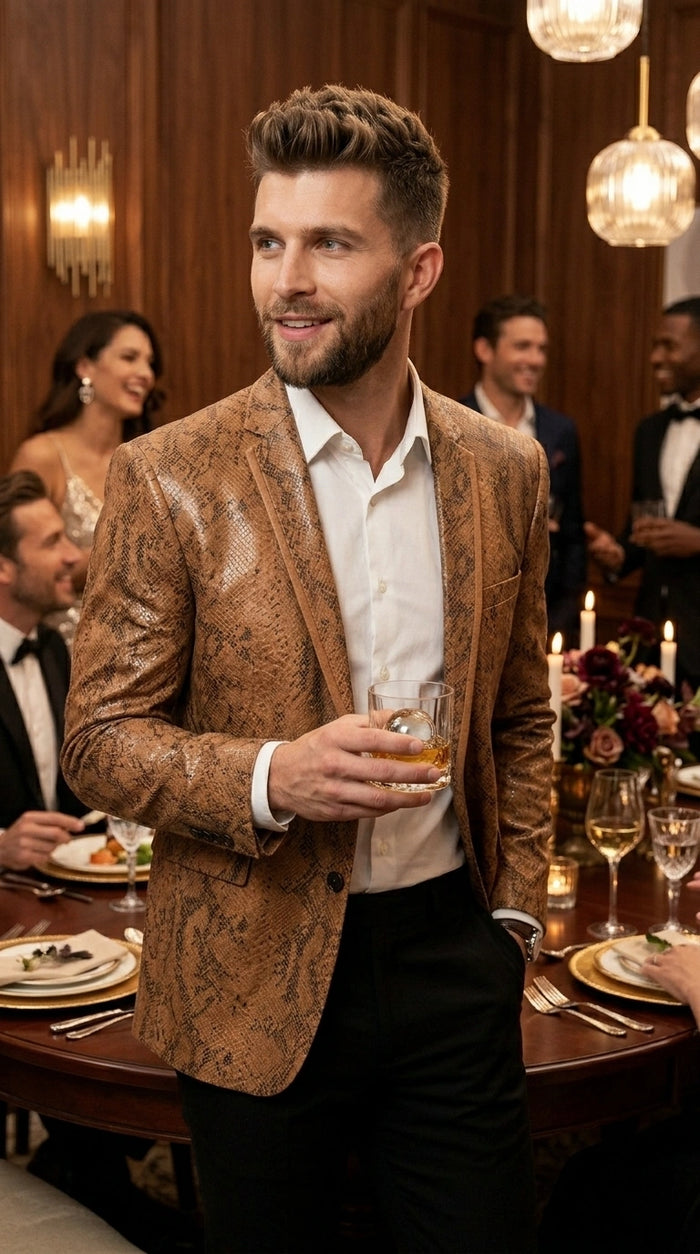 Men’s Tan Snakeskin Print Blazer, Brown Sport Coat Camel Alligator Crocodile Animal Print leopard Jacket