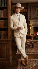 Men’s Tan Linen Cowboy Suit, Double Breasted Western Wedding Formal Western Suit Country style in Beige Tan Color