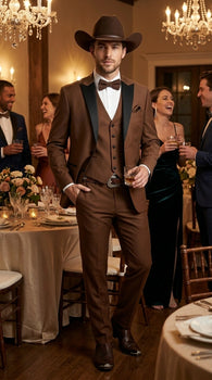 Men’s Light Brown Western Tuxedo 3 Piece Suit with Black Peak Collar Lapel, Country Look Cowboy Suit