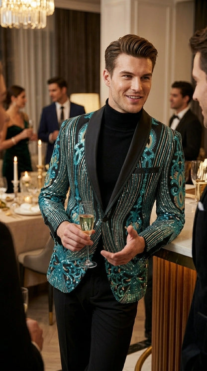 Men’s Black and Turquoise Blue With teal green Sequin Dinner Jacket, Formal Prom Wedding Paisley Floral Mardi Gra Pattern
