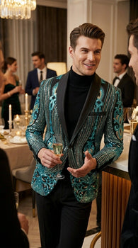 Men’s Black and Turquoise Blue With teal green Sequin Dinner Jacket, Formal Prom Wedding Paisley Floral Mardi Gra Pattern