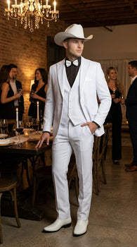 Men’s White Western Cowboy 3 Piece Tuxedo Suit, Formal Wedding Prom Groom Suit Set