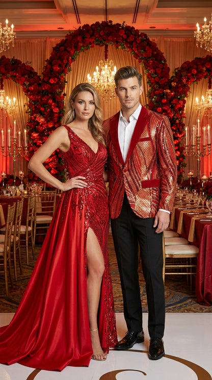 Men’s Red and Gold Sequin Christmas Holiday Blazer – Luxury Party Jacket for New Year, Wedding and Festive Events