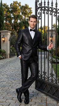Men’s Black Two Tone Vested Wool Suit with 2 Button Jacket and Black Lapel, Italian Tuxedo Style