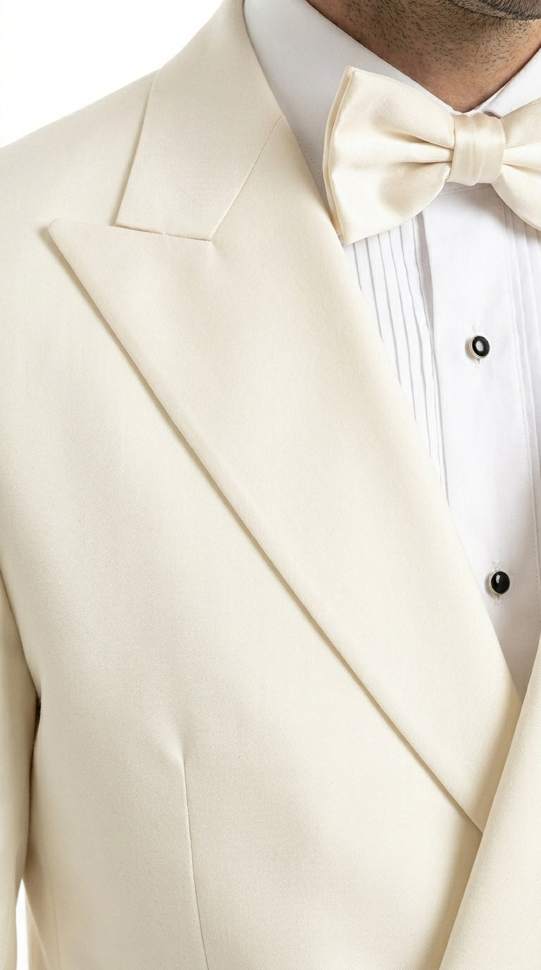 Men’s Ivory Double Breasted Dinner Jacket, Peak Lapel Formal Wedding Prom Tuxedo Blazer in cream off white color