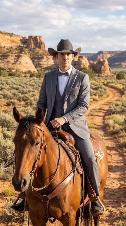Men's Medium Grey Western 3-Piece Tuxedo Suit with Vest – Cowboy Style Formal Country Outfit