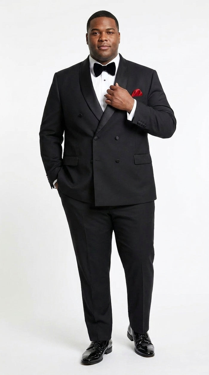 Men’s Black Double Breasted Evening Wear Suit with Satin Shawl Lapel and Red Pocket Square  Modern Fit