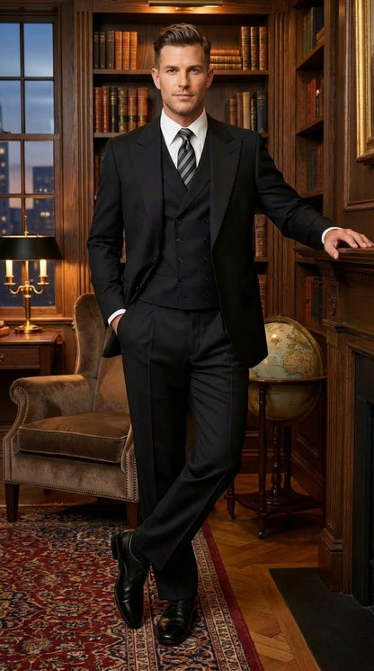 Tiglio Mens Black 3 Piece Suit – Single Button Classic Fit Pleated Wide Leg Pants Formal Business Chruch Suit - 100% Wool