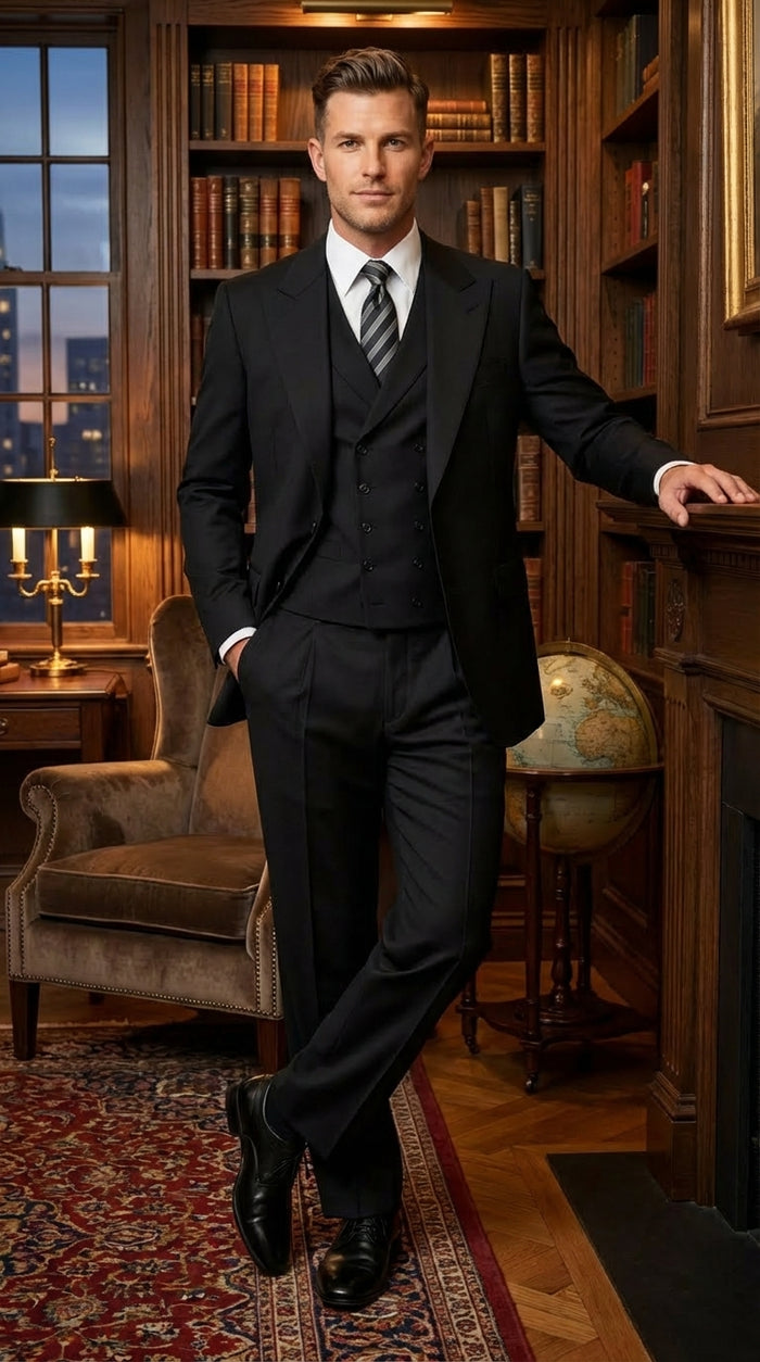Tiglio Mens Black 3 Piece Suit – Single Button Classic Fit Pleated Wide Leg Pants Formal Business Chruch Suit - 100% Wool