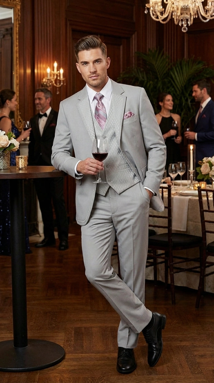 Men’s Light Gray 3 Piece Suit – Ice Silver Gray Formal Suit Set with Vest, Patterned Lapel and Tie for Wedding, Prom and Business Events  Modern Fit