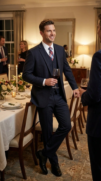 Italian Made By Statment - 100% Wool Fabric Super 150's  Banker Pinstripe in Navy Charcoal Black 2 Button Suit Modern Fit 2 Buttons Notch Lapel