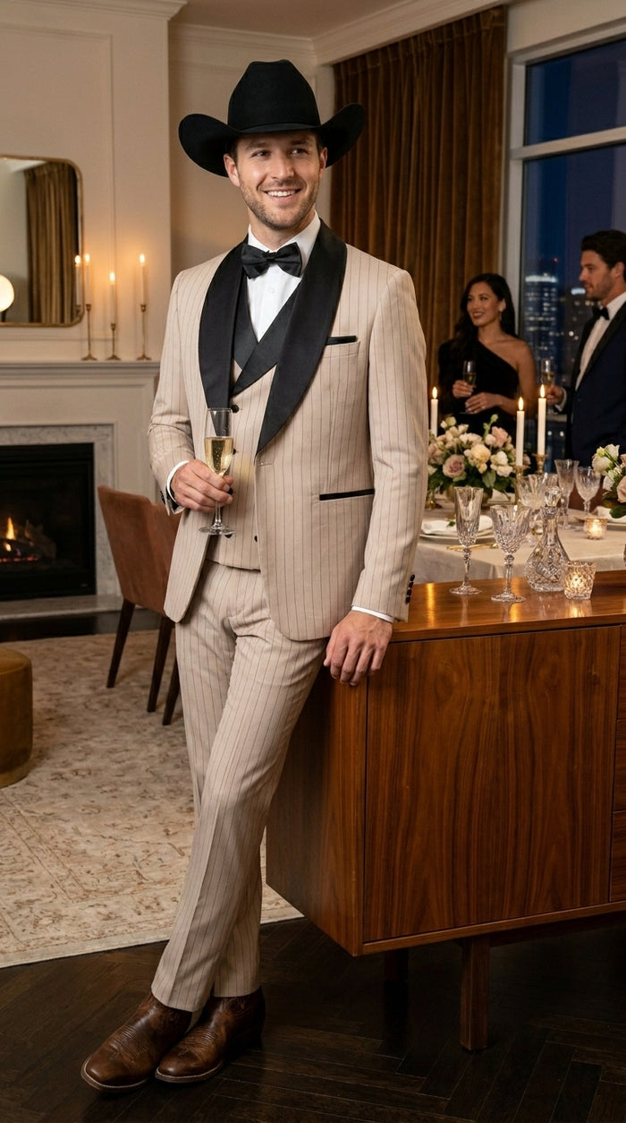 Men’s Beige Pinstripe Western 3 Piece Tuxedo Suit with Black Shawl Lapel, Formal Cowboy Wedding Prom Suit in Tan Khaki Color