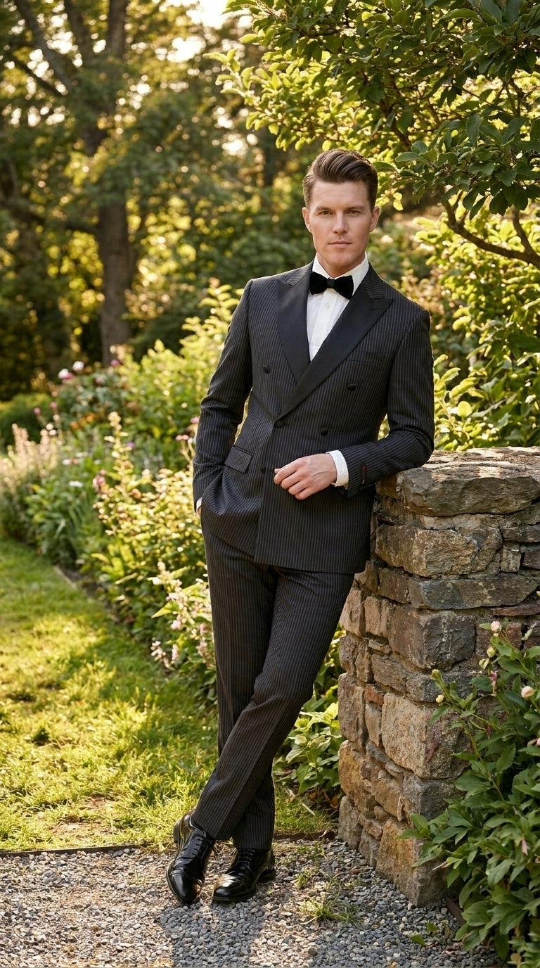 Men’s Double Breasted Suit – Classic Peak Lapel Formal Tuxedo Style Suit for Wedding in Black Ton on Tone Pinstripe