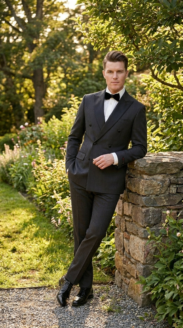 Men’s Double Breasted Suit – Classic Peak Lapel Formal Tuxedo Style Suit for Wedding in Black Ton on Tone Pinstripe