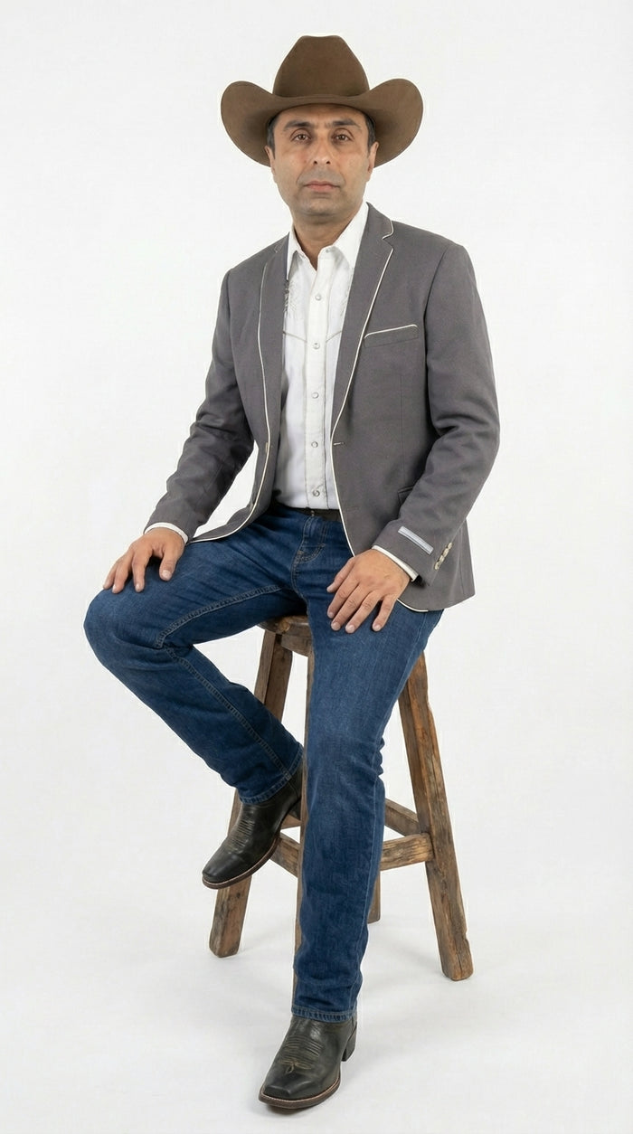 Mens Grey and White Trim Western Blazer – Classic Fit Cowboy Style Contrast Trim Dress Jacket