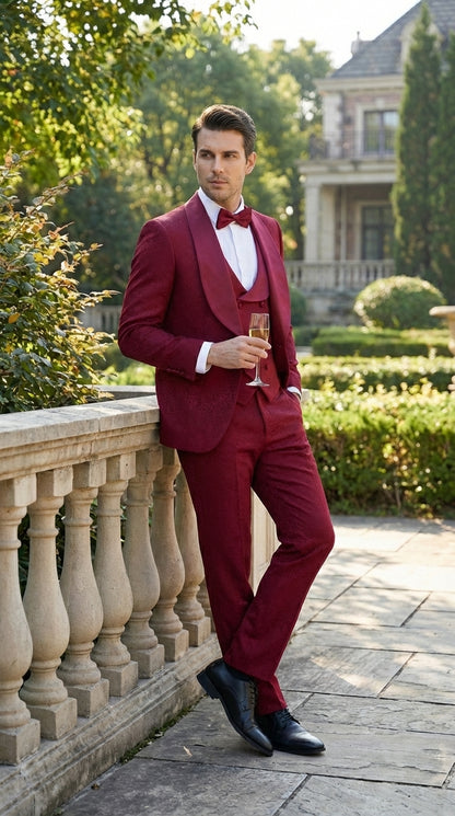 Mens Burgundy Wedding Tuxedo Suit – Paisley Three Piece Formal Suit Set with Shawl Lapel for Groom, Prom