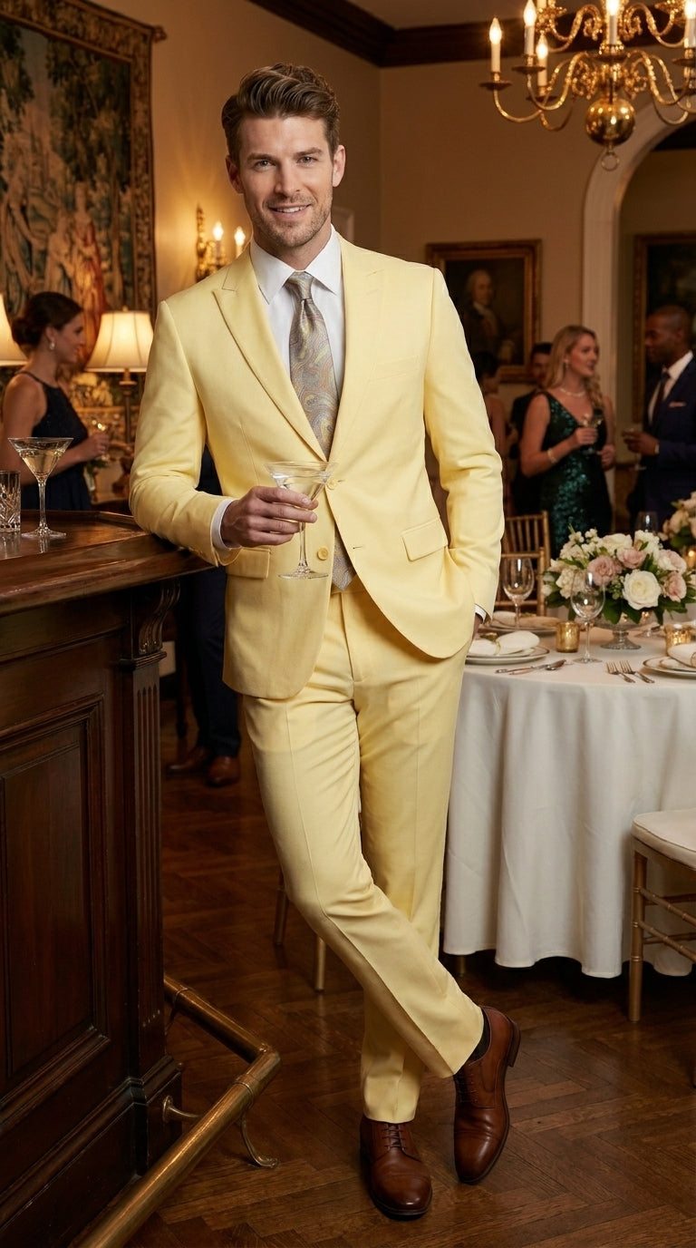 Men’s Pale Yellow 2 Piece Suit, Formal Dress Suit for Weddings, Prom, Parties, Summer Events, and Special Occasions By Vitali Modern Fit