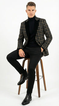 Mens Tartan Black and Gold Check Blazer – Windowpane Plaid Sport Coat Velvet Lapel Formal Party Jacket Chirsitmas New Year Holiday Jacket
