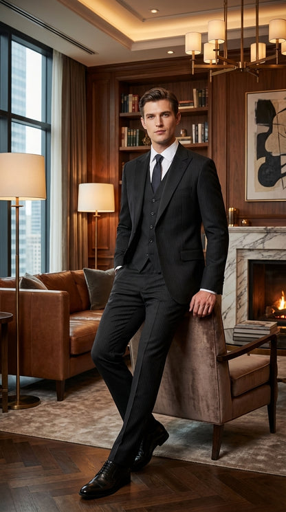 Vitali Mens Black Tone on Tone Shadow Stripe Vested Suit Set – 3 Piece Modern Fit Pinstripe Two Buttons Modern Fit