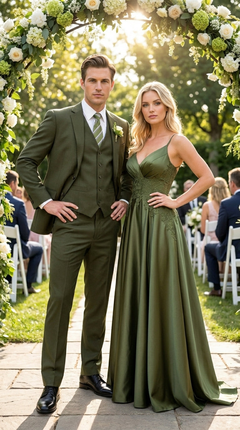 Men’s Olive 3 Piece Suit with Blazer, Vest and Pants, Formal Wedding Business Dress Suit