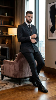 Men’s Black Pinstripe Double Breasted Suit – Classic Formal Business Suit Office and Evening Wear Modern Fit Conservative pattern