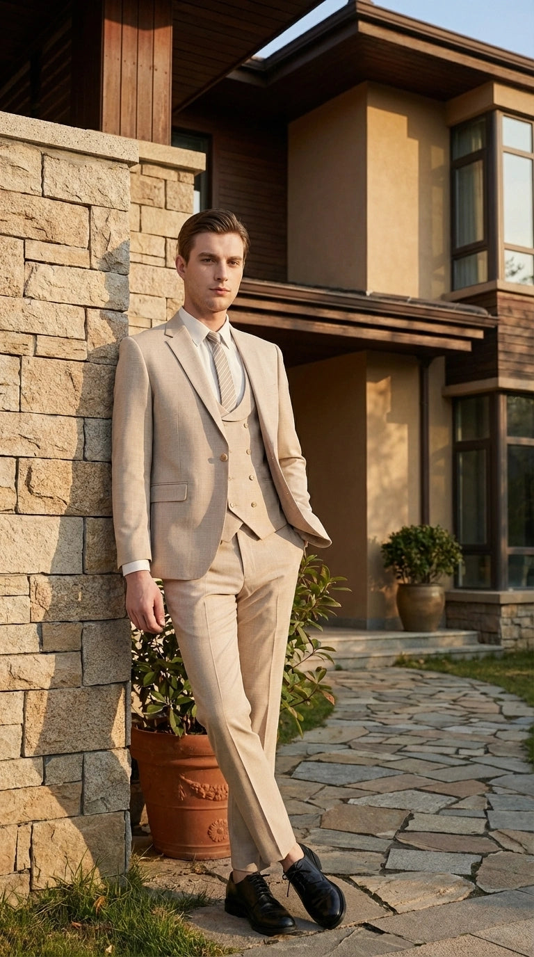 Mens Sand Beige 3 Piece Suit – Double breasted Vest Formal Suit Set  and Dress Pants in Champaign Natural Summer Color Modern Fit
