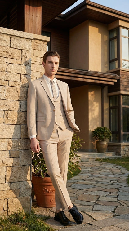 Mens Sand Beige 3 Piece Suit – Double breasted Vest Formal Suit Set  and Dress Pants in Champaign Natural Summer Color Modern Fit