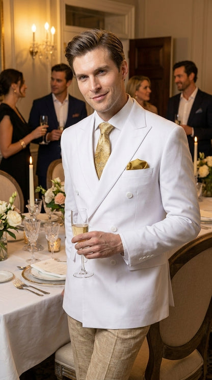 Men’s White Double Breasted Blazer, Formal Dress Jacket for Weddings, Prom, Parties, Dinner Events, and Special Occasions