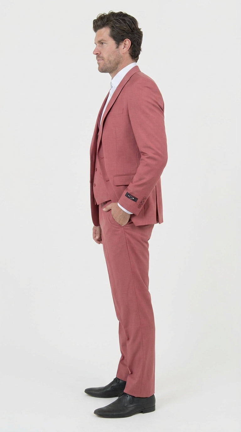 Men’s Dusty Rose Three Piece Suit – Modern Formal 3PC Wedding and Prom Suit - Pink Coloe Modern Fit