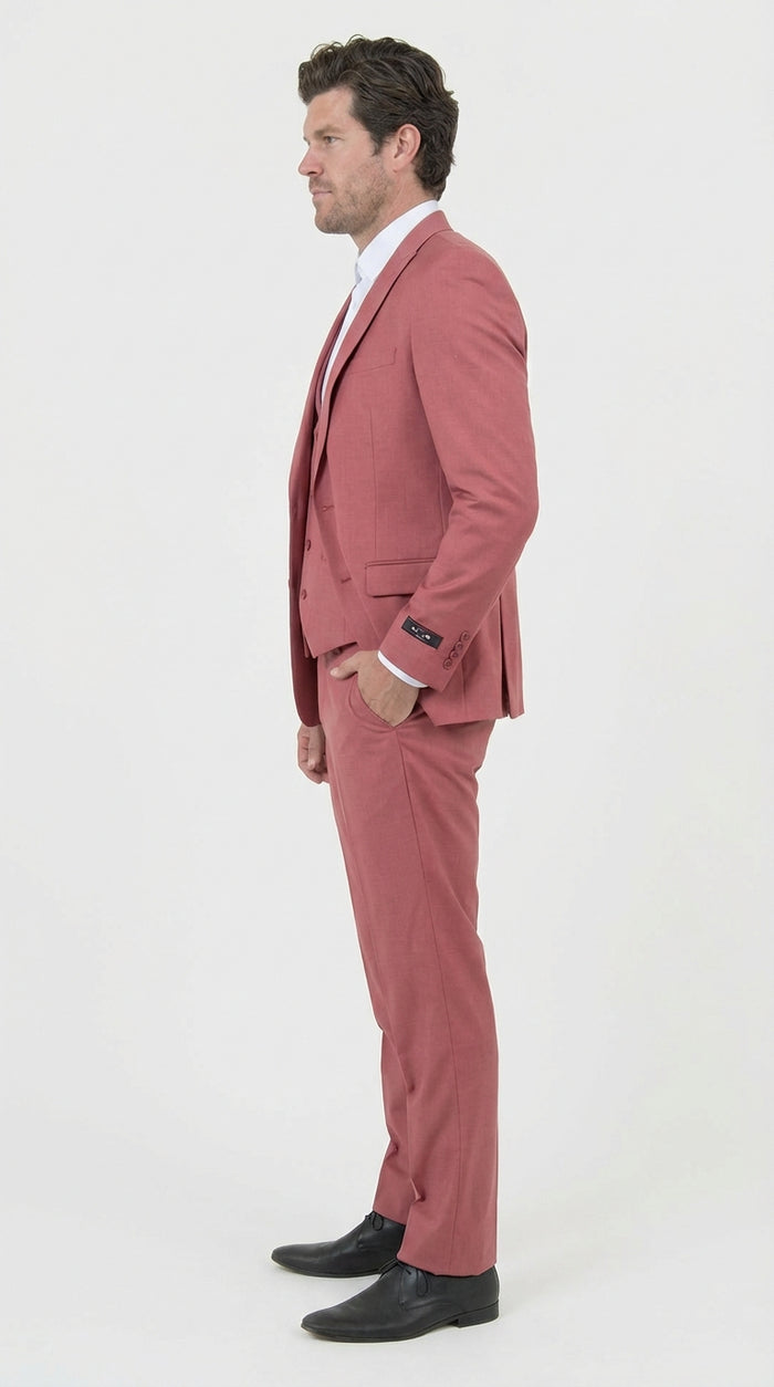 Men’s Dusty Rose Three Piece Suit – Modern Formal 3PC Wedding and Prom Suit - Pink Coloe Modern Fit