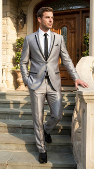 Men’s Silver Sharkskin Tuxedo Suit with Black Piping – Shiny Two Button Formal Suit for Wedding, Prom and Party Wear